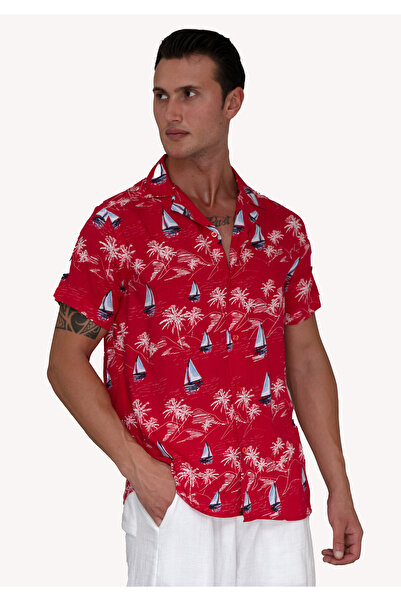 Exve Exclusive Red Blue White Sailor Sailing Printed Hawaiian Oversize Relaxed Fit Short Sleeve Loose Shirt