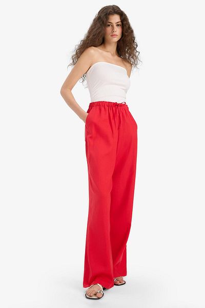 DeFacto Wide Leg Double Pocket Elastic Waist Standard Length Linen Blend Trousers E1981Ax25Sm