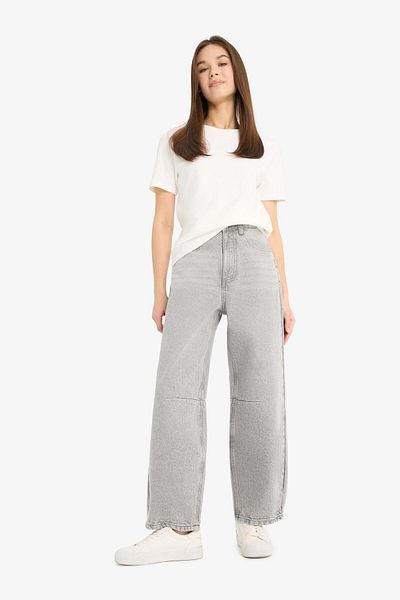 DeFacto Barrel Fit High Waist Straight Leg Long Jean Snow Washed Pants E8412Ax25Au
