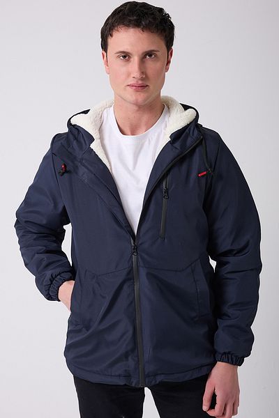 freemen Αθλητικά ανδρικά παλτό με κουκούλα Navy Blue Shearling, αδιάβροχο και αντιανεμικό και παλτό & Parka