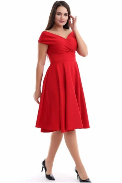 Moda MiraGül Boat Neck Midi Length Red Dress 583259