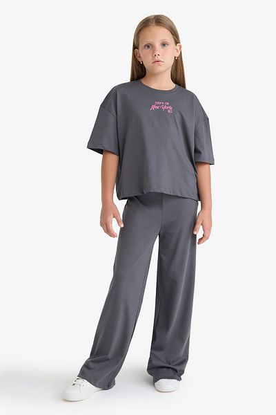 DeFacto Girls' 2-Piece Set Short Sleeve Printed T-Shirt Flexible Waisted Long Bottom F5035A825Au
