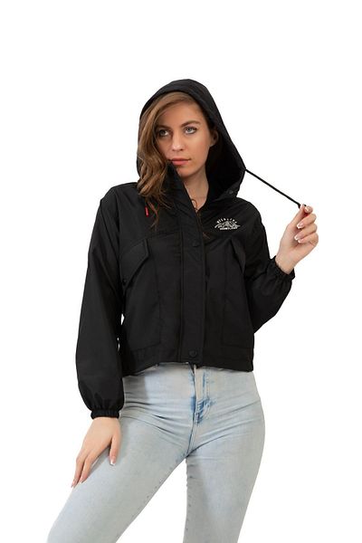 freemen Women's Black Waterproof and Wind-Resistant Hooded Snap Fastener Seasonal Raincoat
