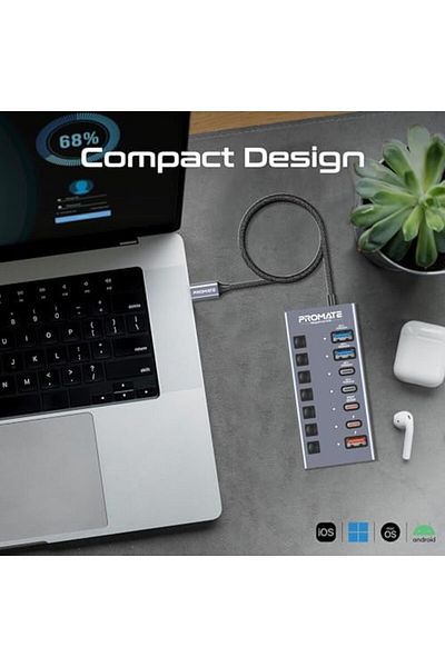Promate 7-in-1 Usb-c Multiport Hub, Dual 10gbps Usb-c Ports, Dual 10gbps Usb-a Ports, Fast Charging