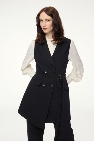 Zühre Double Breasted Collar Belted Black Triple Combination Suit Tk-0911
