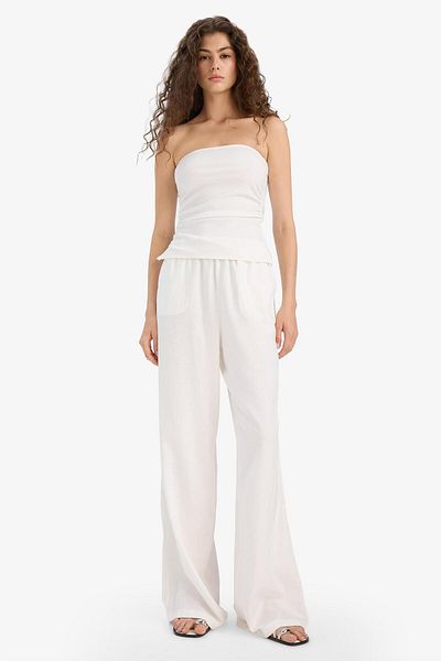 DeFacto Pantaloni albi din amestec de in cu picioare late, buzunare duble, talie elastică, mărime standard E1981ax25sm