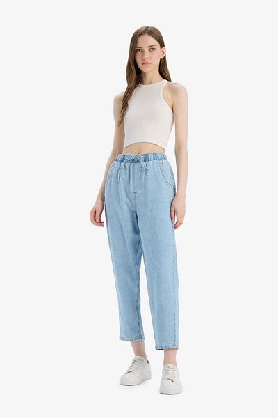 DeFacto Blugi cu talie înaltă Pull On Paperbag, picior drept și pantaloni blugi lungi moi E0733AX25SM