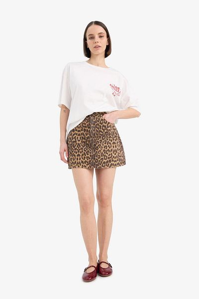 DeFacto Μίνι φούστα Coool Leopard με κανονική μέση Gabardine E4398AX25SP