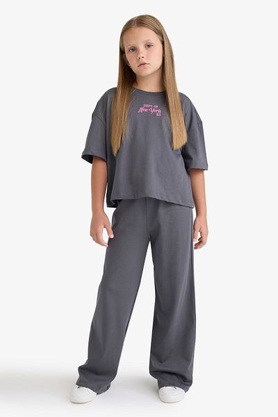 DeFacto Girls' 2-Piece Set Short Sleeve Printed T-Shirt Flexible Waisted Long Bottom F5035A825Au