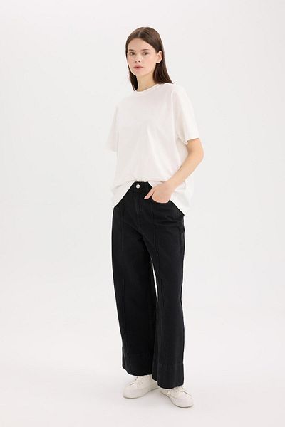 DeFacto Short Wide Leg High Waist Crop Jean Washed Pants E3872Ax25Sp