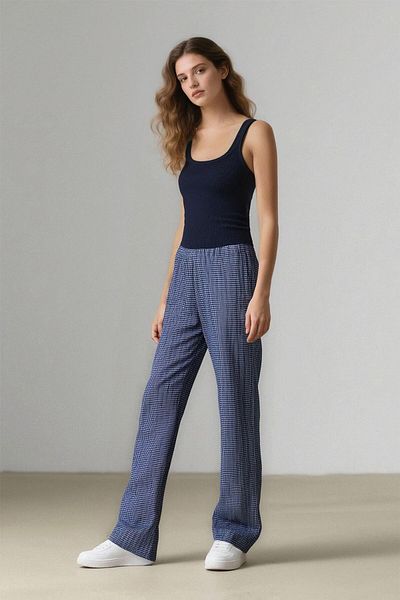 DeFacto Cool Wide Leg Checked Regular Waist Wide Leg Trousers E6121Ax25Sp