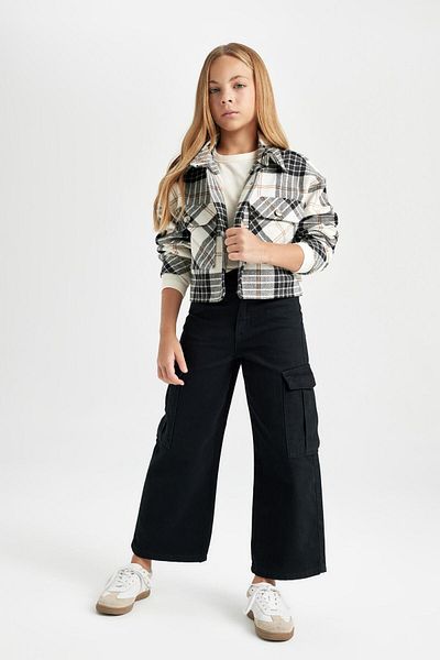 DeFacto Girl's Black Cotton Wide Leg Trousers - Cargo Pocket, Pocket C8778A824Au