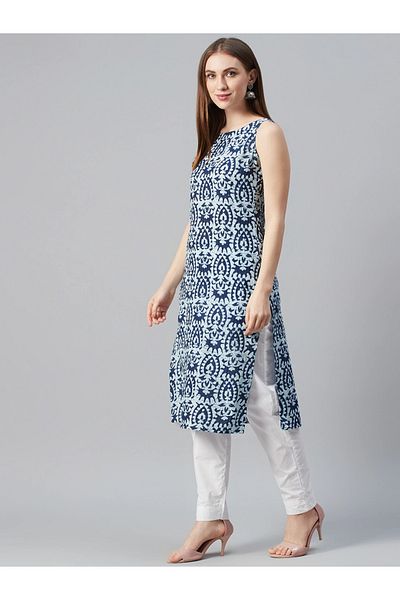 IndHeritage Premium cotton office / casual sleeveless kurti - Blue & white printed kurti / kurta for women