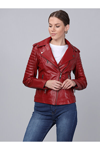 Basics&More Women's Biker Model Red Leather Jacket