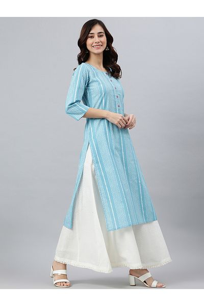 IndHeritage Premium cotton office / casual kurti - Light blue kurti / kurta for women with white ethnic prints