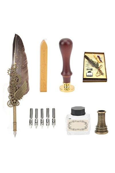 ehobim Vintage Gear Wing Kuş Tüy Kalemli Divit Yazı Seti Mühürlü