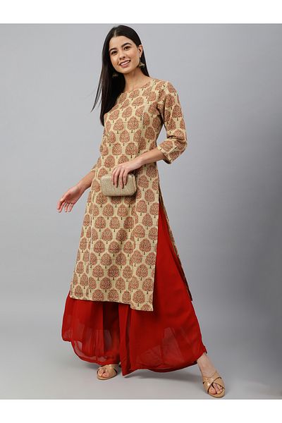IndHeritage Premium cotton office / casual kurti - Cream colour kurti / kurta for women with red ethnic prints