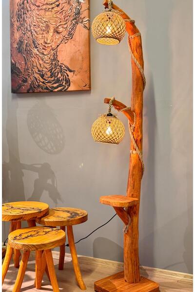 menalART Ağaç Tasarım Ağaç Lambader 170-180 Cm Marmaris Serisi Doğal Ahşap Lambader Kütük Köşe Aydınlatma