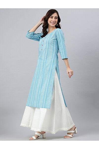 IndHeritage Premium cotton office / casual kurti - Light blue kurti / kurta for women with white ethnic prints