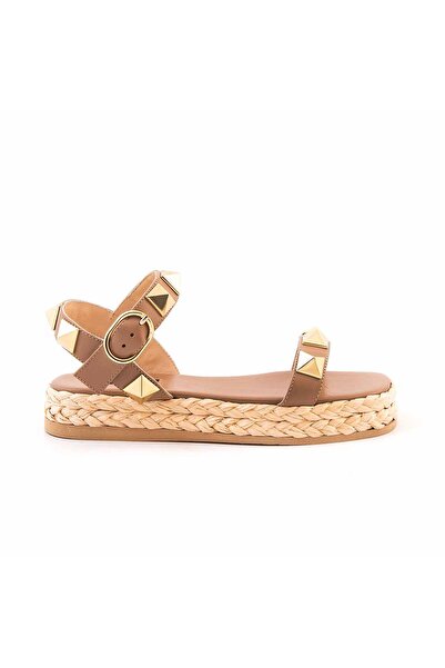 Rouge Kadın 3cm Hasır Kauçuk Taban Deri Yeşil Platform Sandalet 6125-18