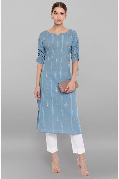 IndHeritage Premium cotton office / casual kurti - Blue printed kurti / kurta for women - IDH00062