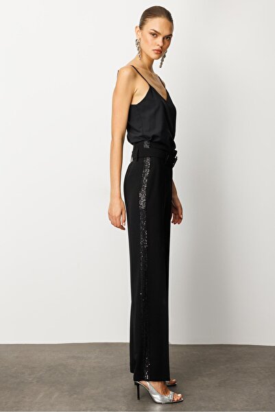 Moda İlgi Black Sequined Fashion Stripe Trousers - 7032