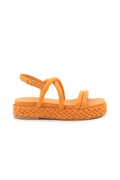 Rouge Kadın 5cm Örgü Detaylı Kauçuk Taban Deri Orange Platform Sandalet 3056