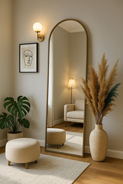 Ersan Dizayn Metal Çerçeve Gold Eskitme Oval Ayaklı Boy Aynası 65x180cm