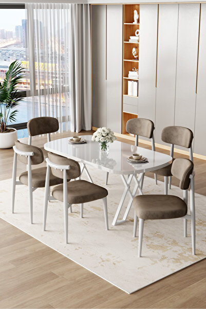 Canisa Jolin Serisi Mdf 90x168 Beyaz Mutfak Masa Takımı 6 Cappucino Sandalye
