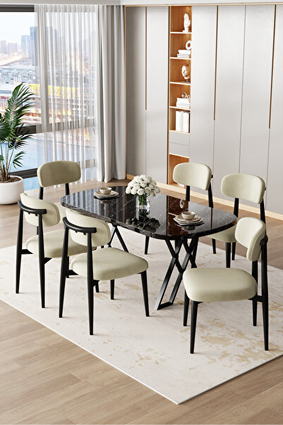 Canisa Jolin Serisi Mdf 90x168 Siyah Mermer Desen Masa Takımı 6 Krem Metal Sa...
