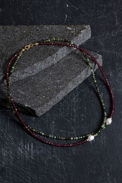 OSMANLI DOĞAL TAŞ Certified Jade, Garnet, Pearl Faceted Natural Stone Necklace