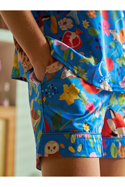 ARONA Saten Kısa Kollu Gecelik Florus Desen Alt Üst Takım