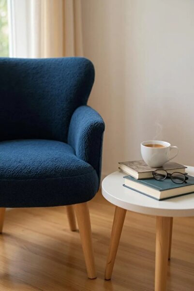 WATERYBROOK Berjer - Tekli Koltuk - Puffy - Teddy Kumaş - Ceviz Ayak - Mavi