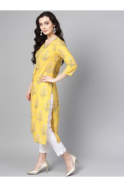 IndHeritage Premium cotton office / casual kurti - Yellow kurti / kurta for women with ethnic prints
