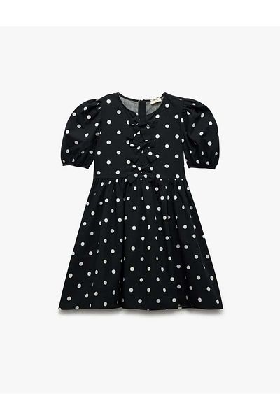 Koton Rochie pentru fetiță din bumbac cu mâneci balon, gât rotund, cu detaliu de panglică, cu buline, 5skg80068aw Negru