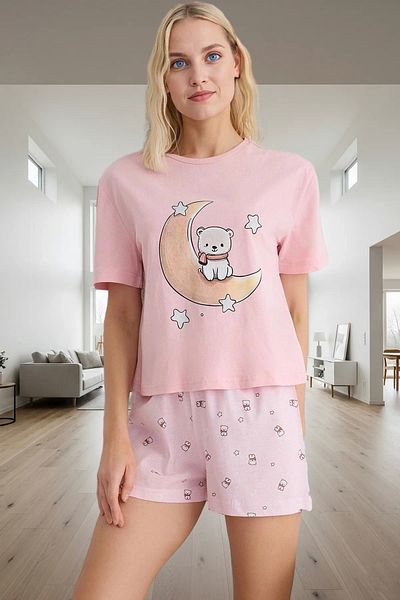 PayBuy Women's Teddy Bear Patterned Cotton Short Sleeve Pajama Set Trendy Design Comfortable Use Modern Style