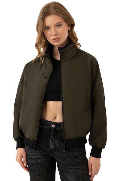 Firststops Khaki Women's Oversize Crop Top - Water and Windproof, Stand Collar Seasonal Raincoat Windbreaker