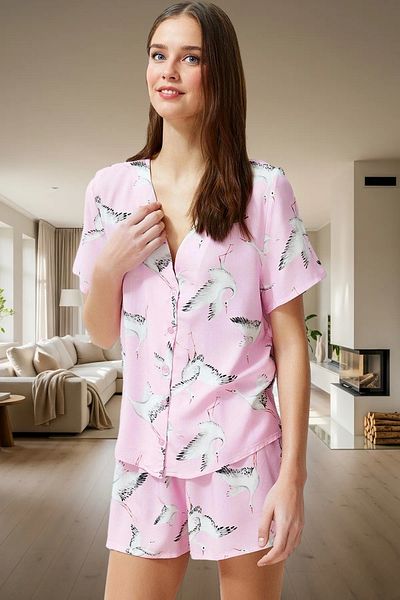 PayBuy Women's Stork Patterned Viscose Pajama Set with Shorts, Buttoned Regular Fit, Summer, Comfortable and Stylish Look