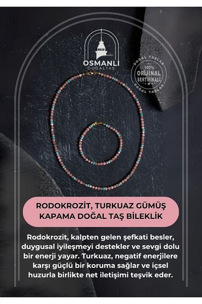 OSMANLI DOĞAL TAŞ مجموعة أحجار كريمة طبيعية من الروdochrozite، تركواز فضي معتمد