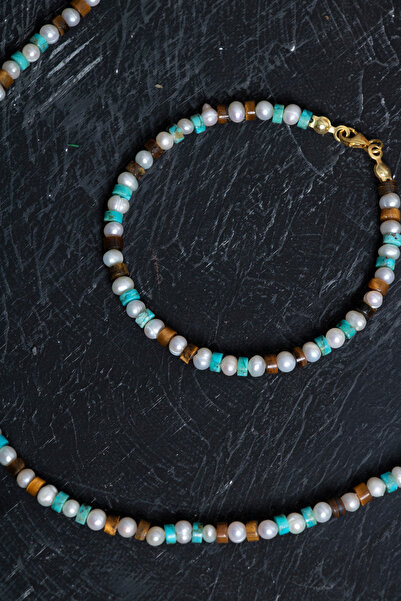 OSMANLI DOĞAL TAŞ Certified Pearl Tiger Eye Turquoise Silver Closure Natural Stone Set