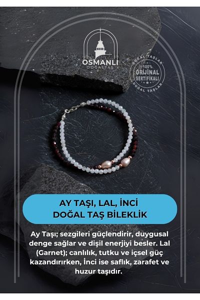 OSMANLI DOĞAL TAŞ Certified Moonstone, Garnet, Pearl Natural Stone Bracelet