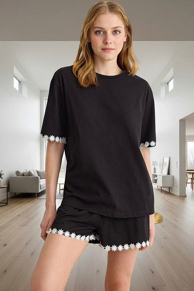 PayBuy Women's Cotton Daisy Detailed Shorts Pajama Set Specially Designed for Daily Use
