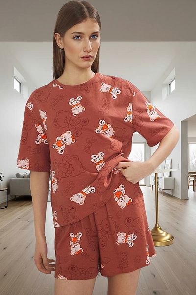 PayBuy Women's Teddy Bear Cotton Pajamas Set Short Sleeve Regular Fit Summer Home Wear Stylish Appearance