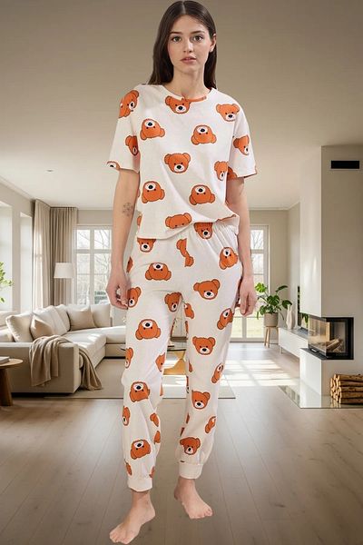 PayBuy Women's 100% Cotton Pajama Set with Teddy Bear Comfortable Pipe Leg Lounge Wear High Quality