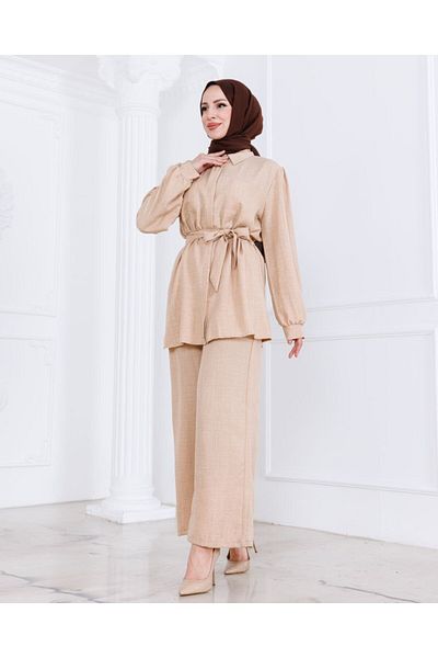 asalya Women's Linen Bottom Top Double Modest Suit