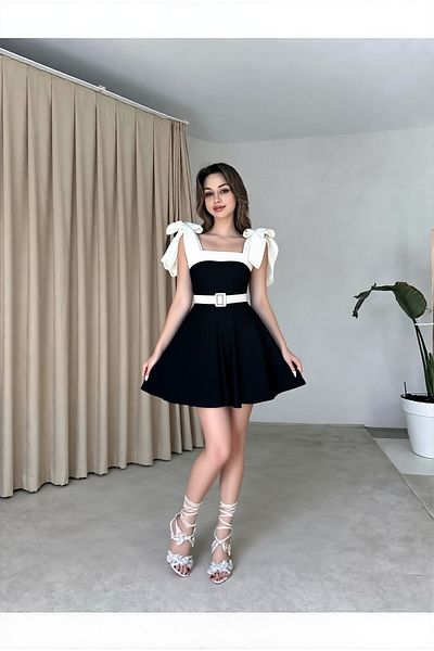 ALFUDO Moda Collection Women's Stripe Detail Strapless Collar Tied Strap Design Black and White Flared Belted Mini Evening Dress