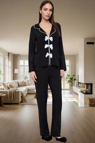 PayBuy Women's Viscose Woven Pajama Set Ribbon Bow Detail Comfortable Fit Stylish Appearance Modern Style