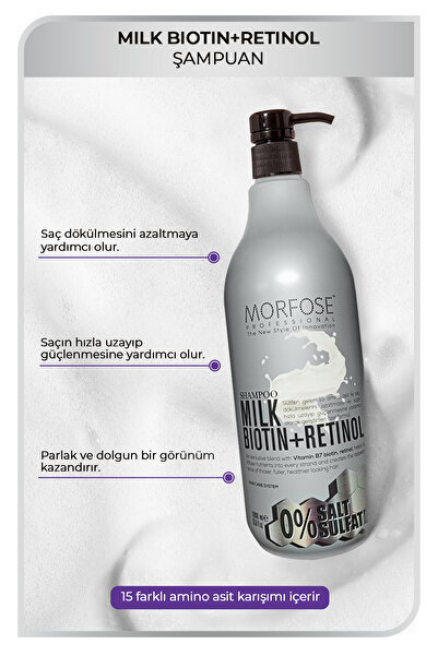 Morfose Sülfatsız Milk Biotin+retinol Içerikli Tuzsuz Şampuan 1000 Ml+çift Fazlı Fön Suyu 400 Ml