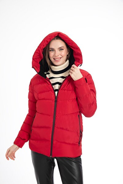 Montstop Kadın Kırmızı Kapüşonlu Içi Astarlı Su Geçirmez Rüzgara Dayanıklı Şişme Mont Kaban Parka