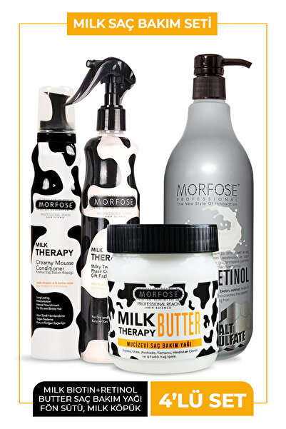 Morfose Sülfatsız Milk Biotin + Retinol İçerikli Tuzsuz Şampuanı 4'lü Saç Bakım Ve Şekillendirme Seti
